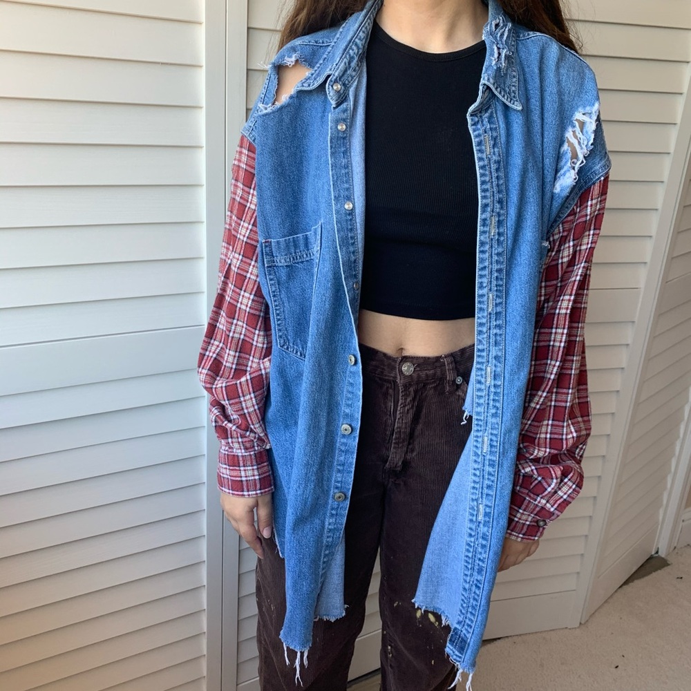 LF DENIM SHIRT W PLAID SLEEVES